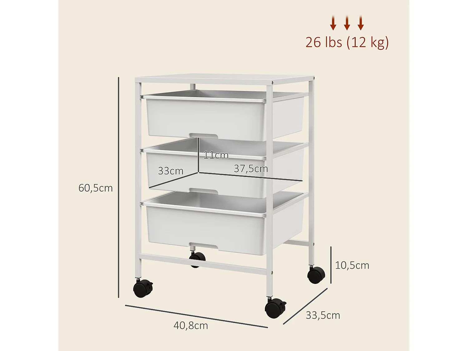 Chariot de rangement à 4 niveaux - 3 paniers et plateau - roulettes verrouillables - acier PP blanc
