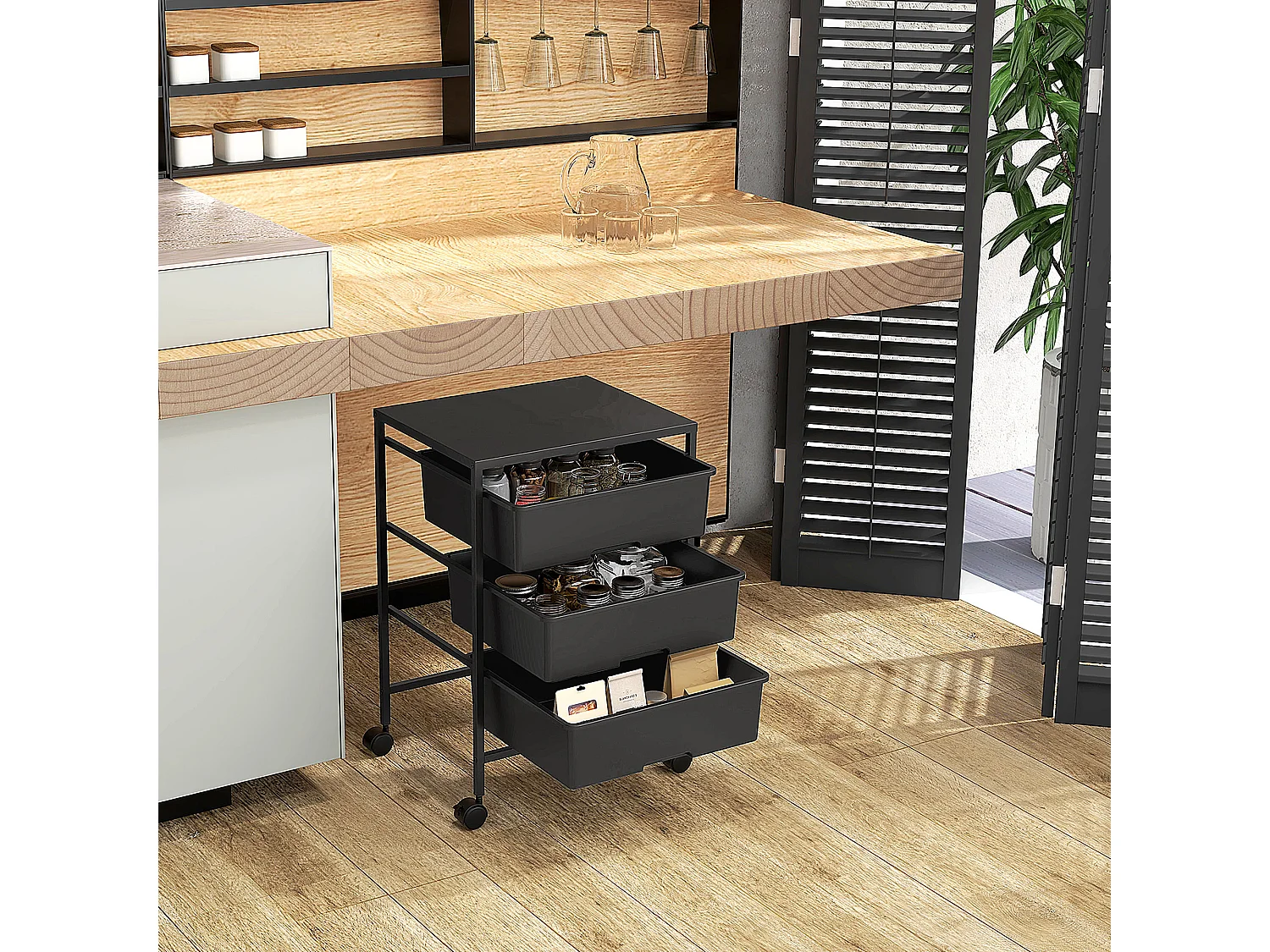 Chariot de rangement à 4 niveaux - 3 paniers et plateau - roulettes verrouillables - acier PP noir