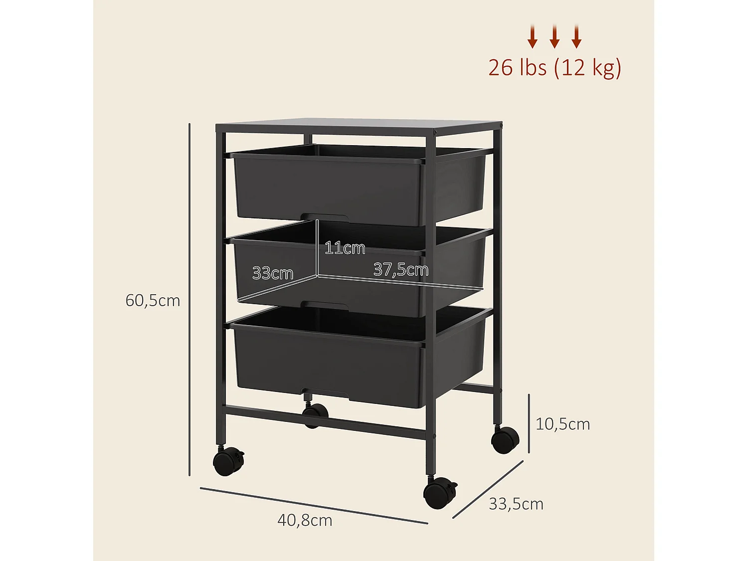 Chariot de rangement à 4 niveaux - 3 paniers et plateau - roulettes verrouillables - acier PP noir