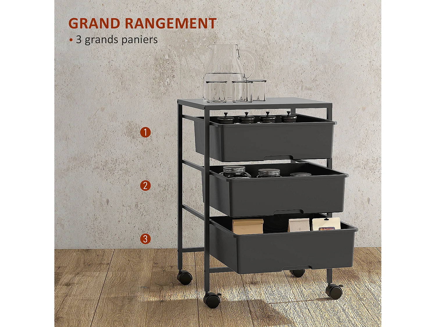 Chariot de rangement à 4 niveaux - 3 paniers et plateau - roulettes verrouillables - acier PP noir