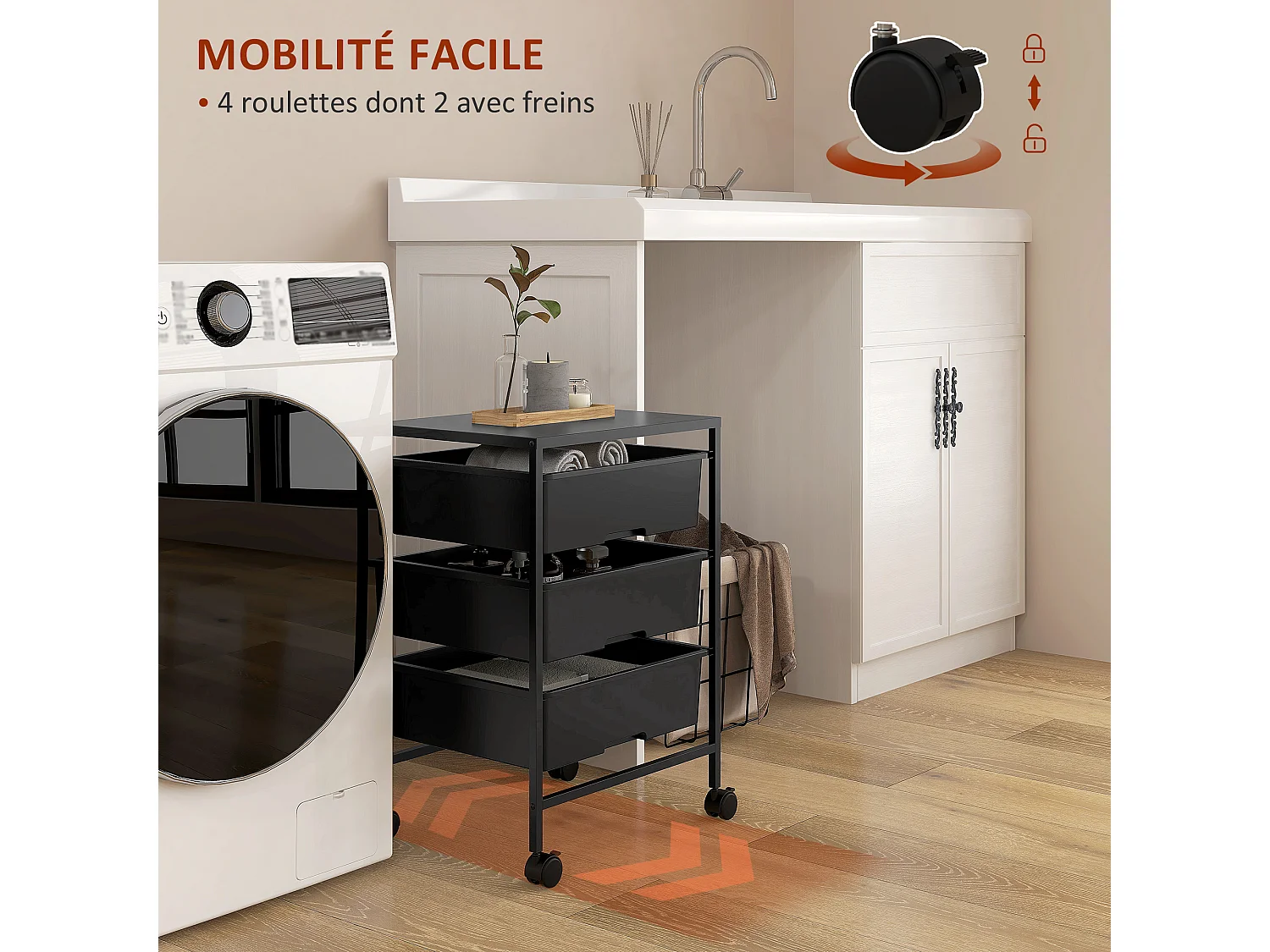 Chariot de rangement à 4 niveaux - 3 paniers et plateau - roulettes verrouillables - acier PP noir