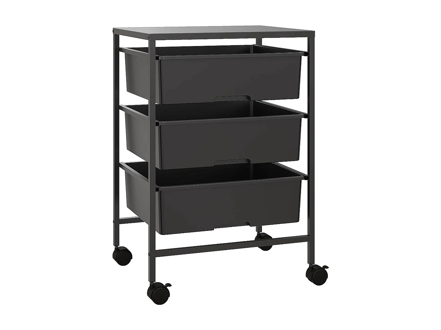 Chariot de rangement à 4 niveaux - 3 paniers et plateau - roulettes verrouillables - acier PP noir
