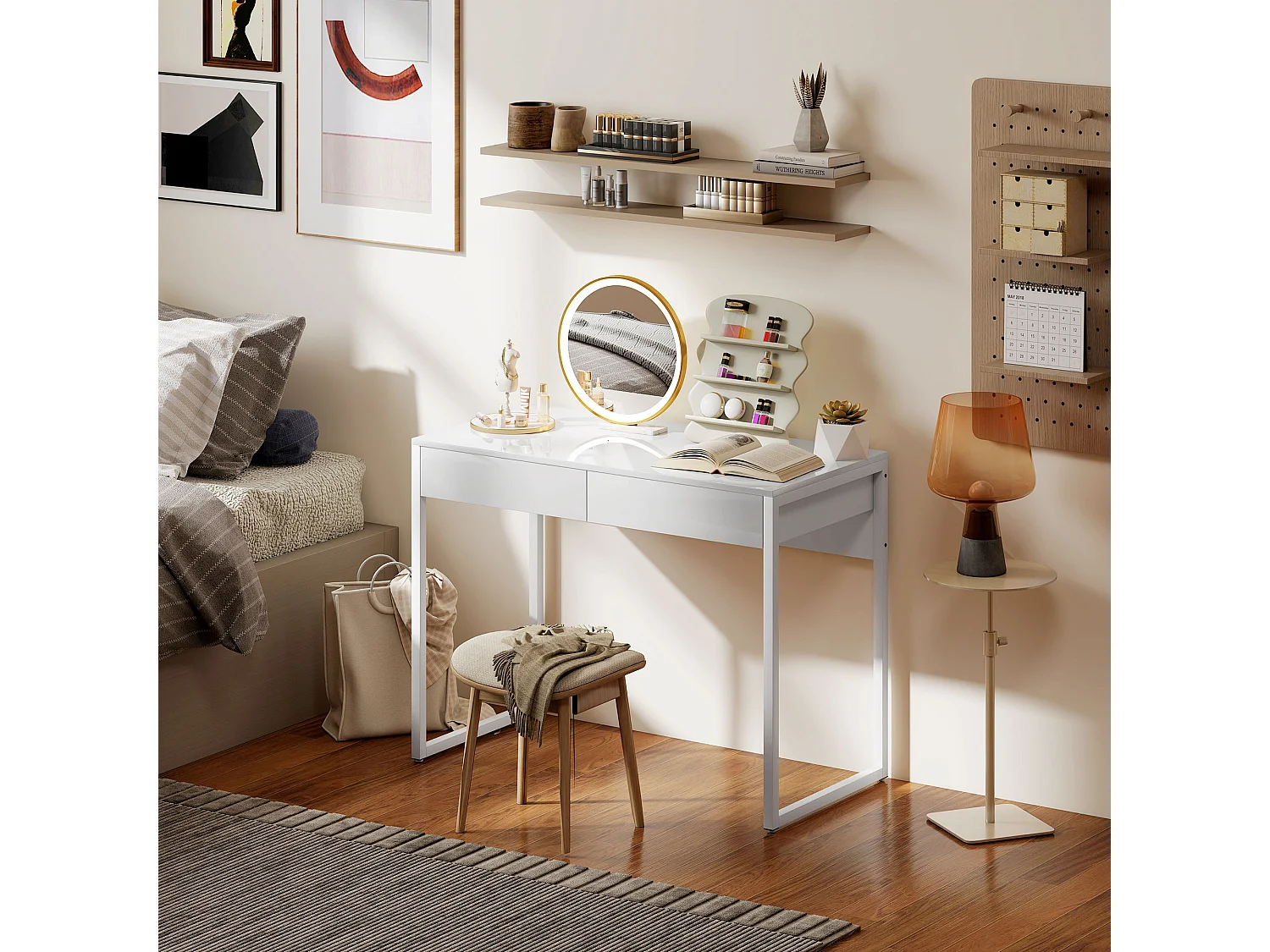 Bureau design blanc laqué dim. 100 x 50 cm - 2 tiroirs - acier MDF