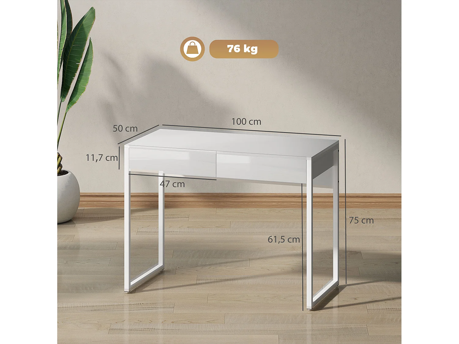 Bureau design blanc laqué dim. 100 x 50 cm - 2 tiroirs - acier MDF