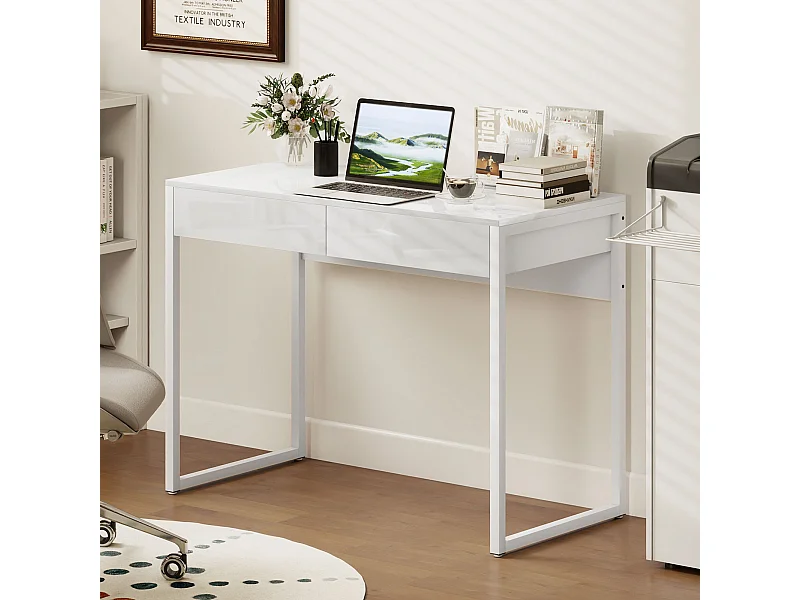 Bureau design blanc laqué dim. 100 x 50 cm - 2 tiroirs - acier MDF