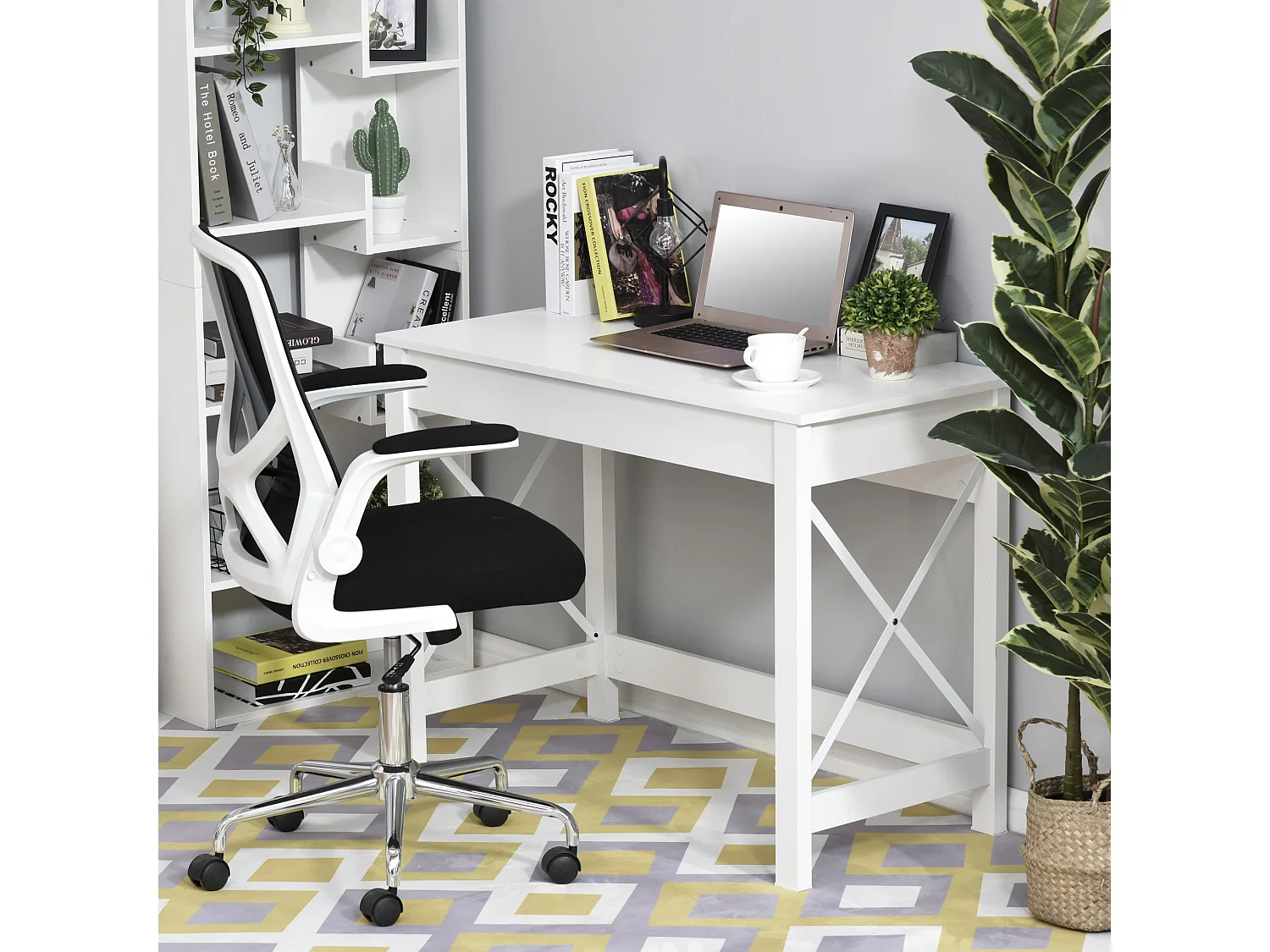 Bureau moderne compact dim. 105x50cm bureau informatique bois métal croisillons blanc