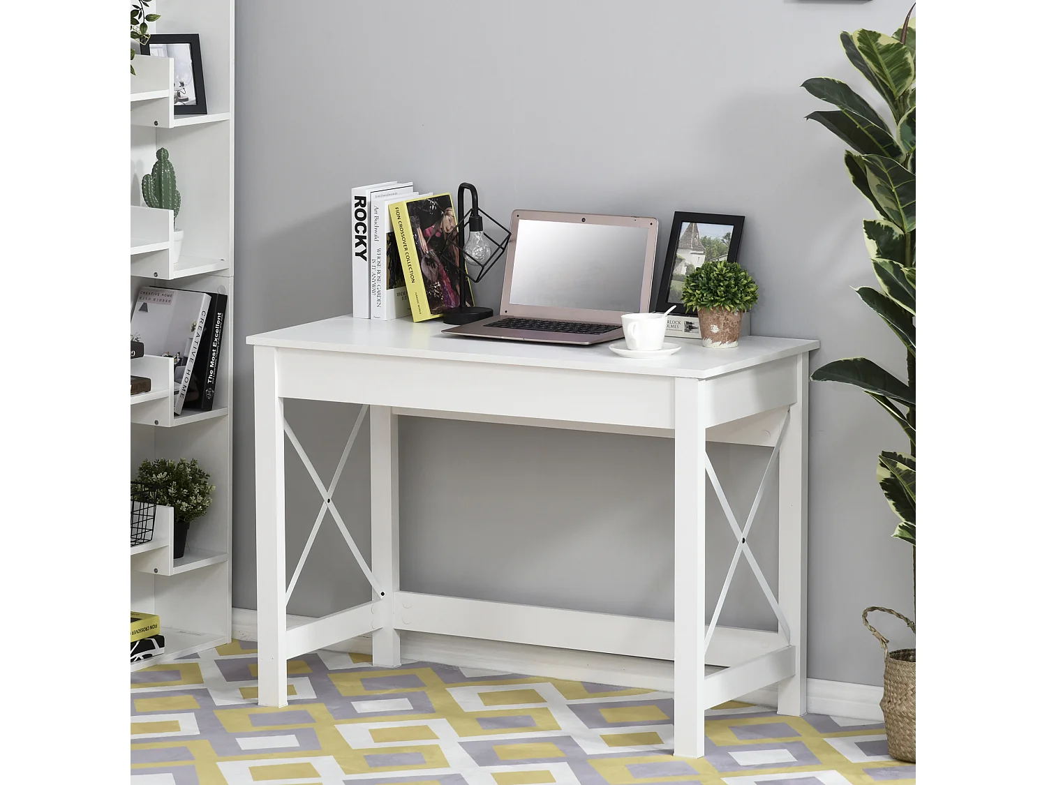 Bureau moderne compact dim. 105x50cm bureau informatique bois métal croisillons blanc