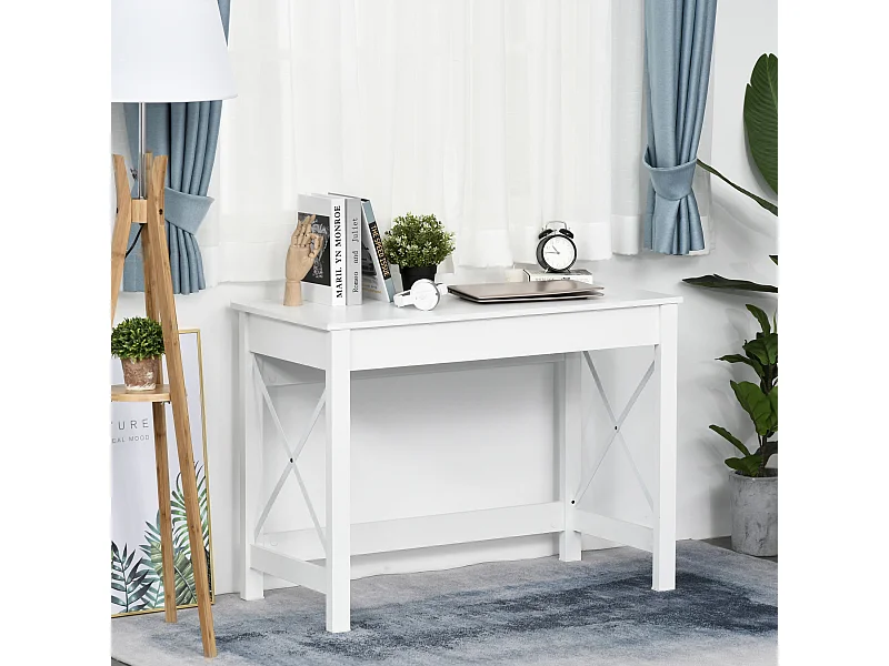 Bureau moderne compact dim. 105x50cm bureau informatique bois métal croisillons blanc