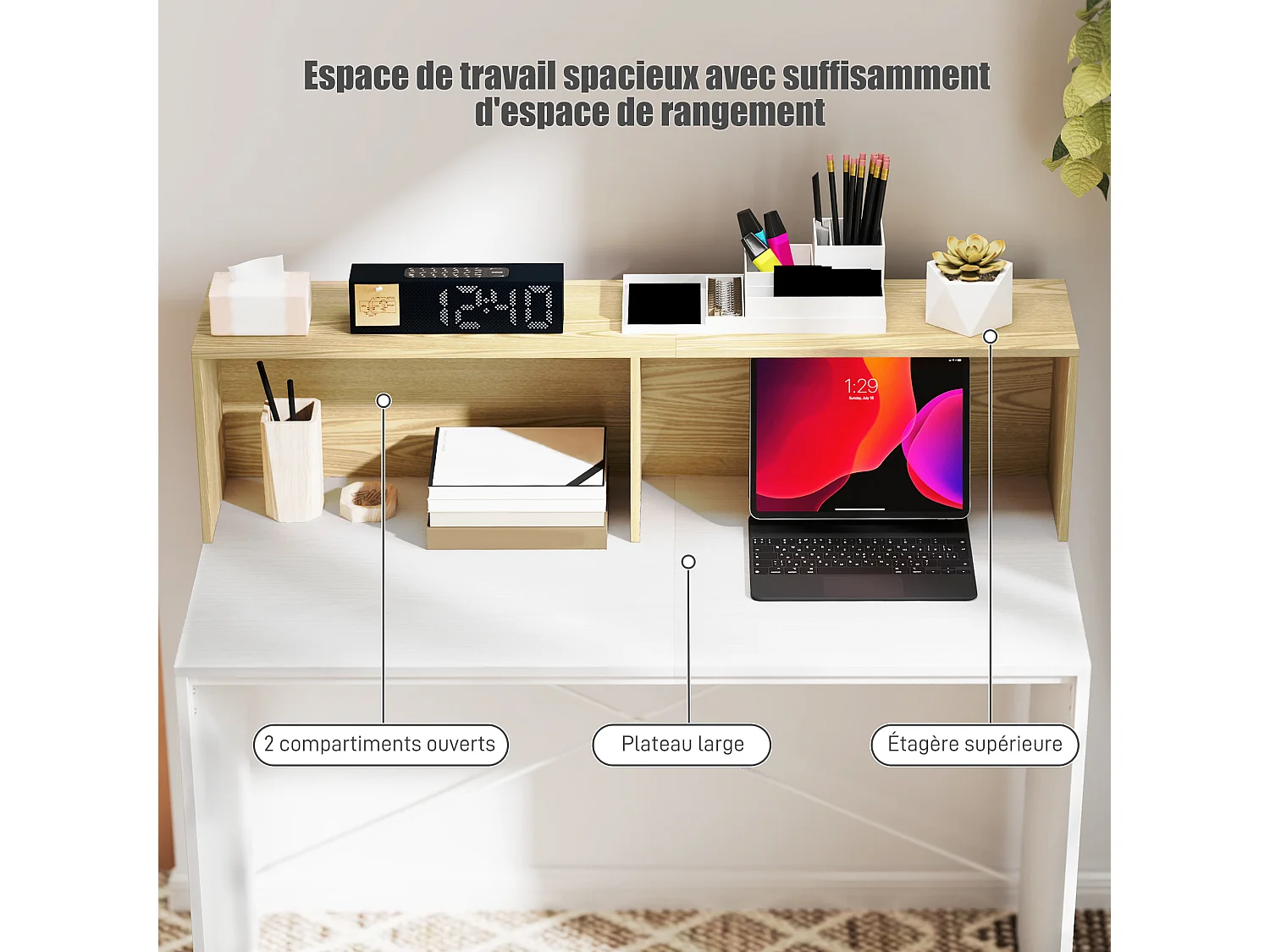 Bureau secrétaire style cosy - 2 niches, étagère - effet bois blanc et clair