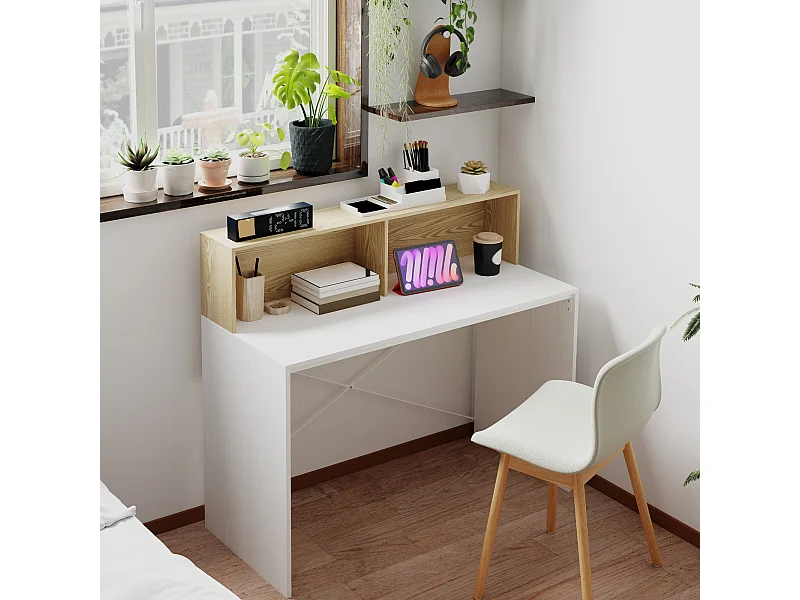 Bureau secrétaire style cosy - 2 niches, étagère - effet bois blanc et clair