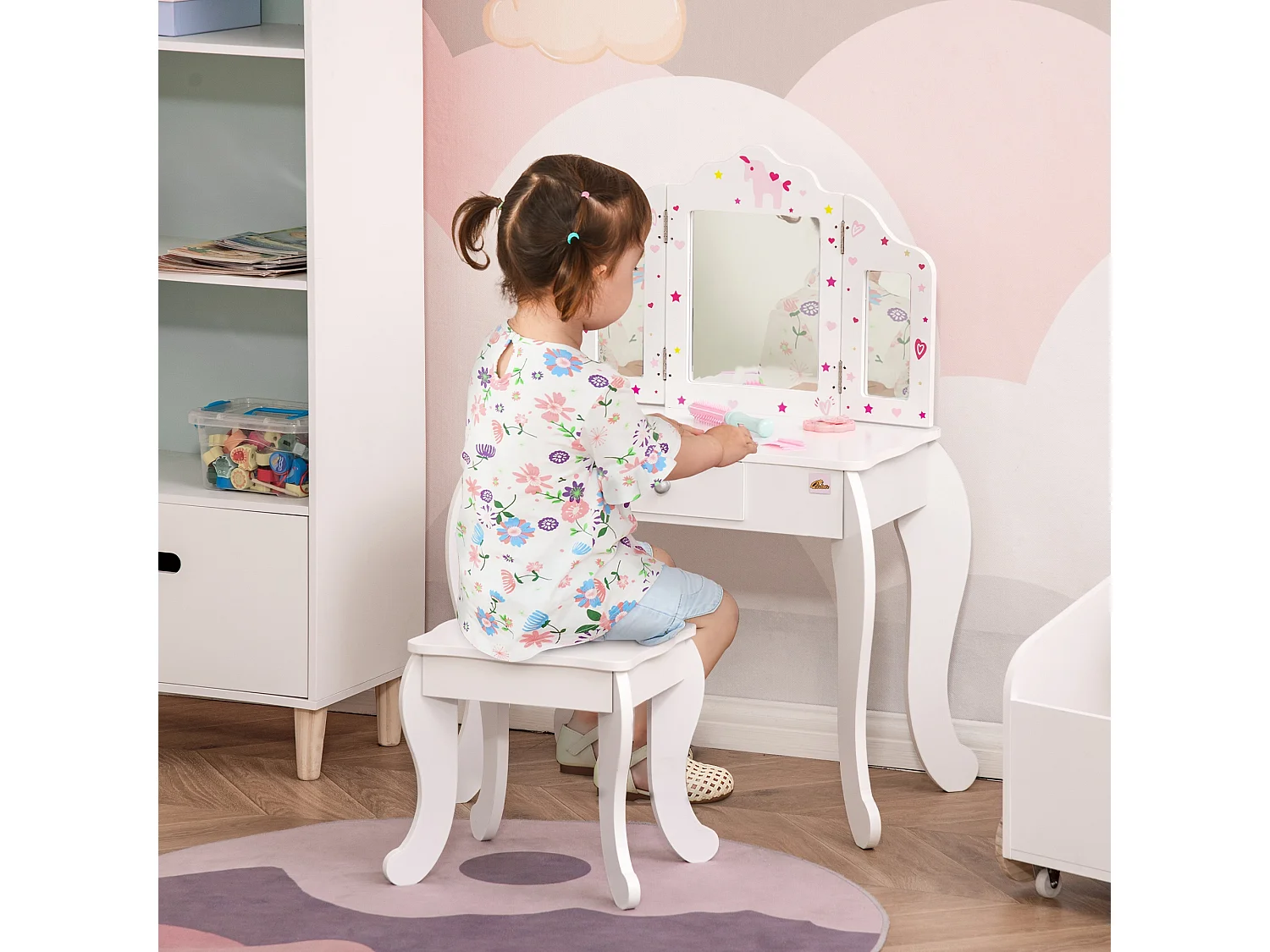 Coiffeuse enfant avec tabouret, miroir triptyque et tiroir coulissant - coiffeuse dim. 63L x 40l x 85,5H cm - MDF blanc, rose