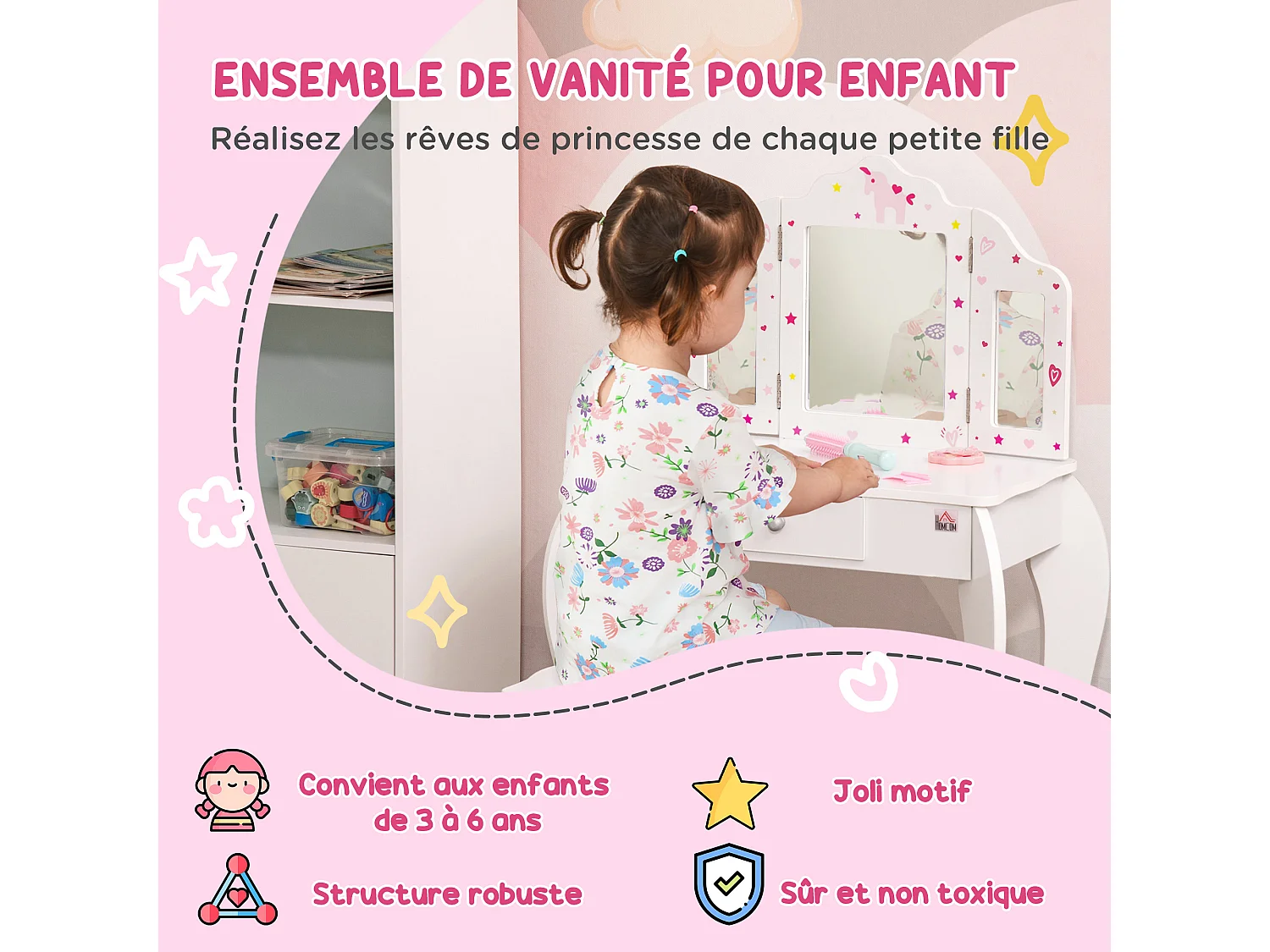 Coiffeuse enfant avec tabouret, miroir triptyque et tiroir coulissant - coiffeuse dim. 63L x 40l x 85,5H cm - MDF blanc, rose