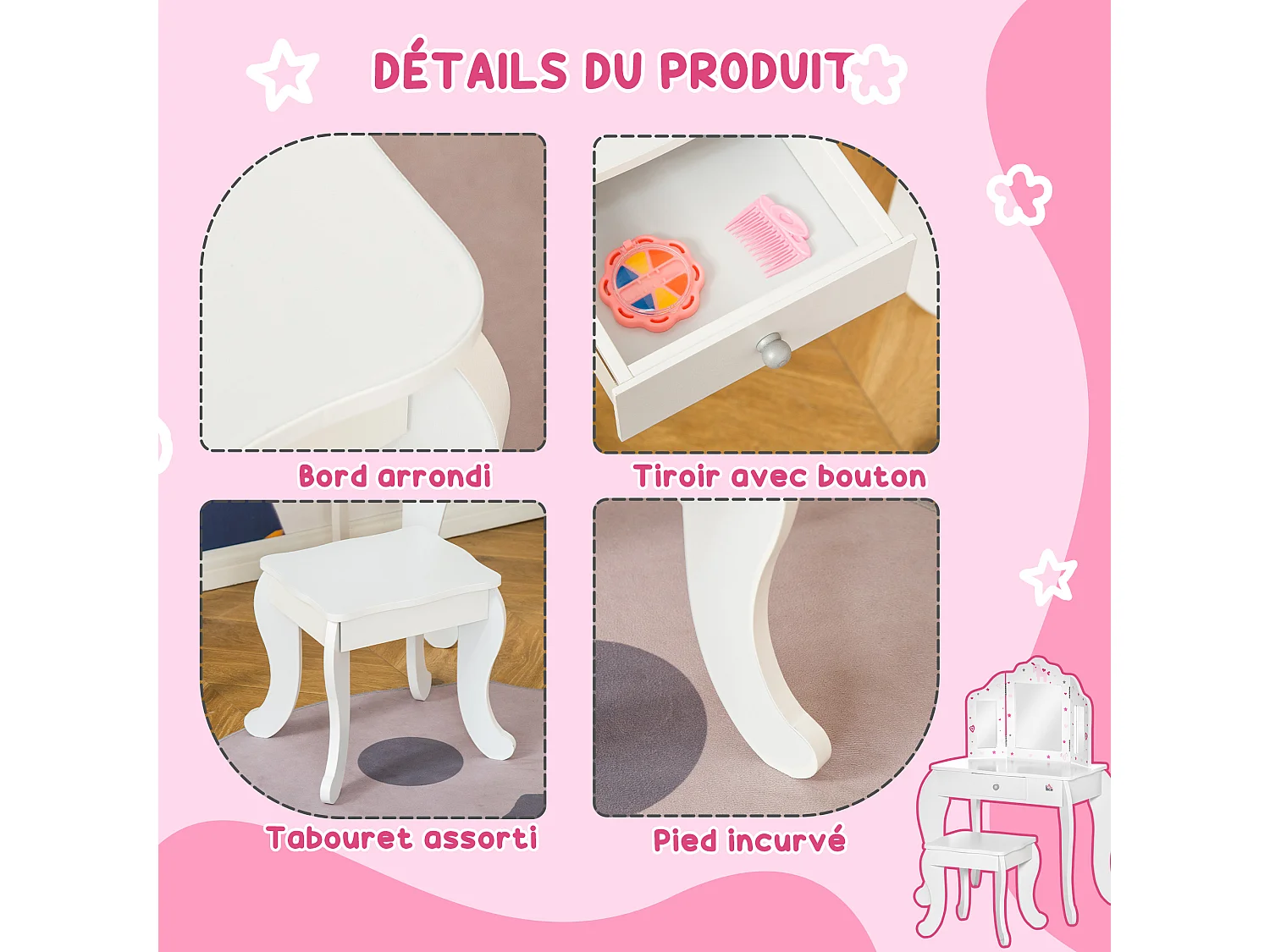 Coiffeuse enfant avec tabouret, miroir triptyque et tiroir coulissant - coiffeuse dim. 63L x 40l x 85,5H cm - MDF blanc, rose