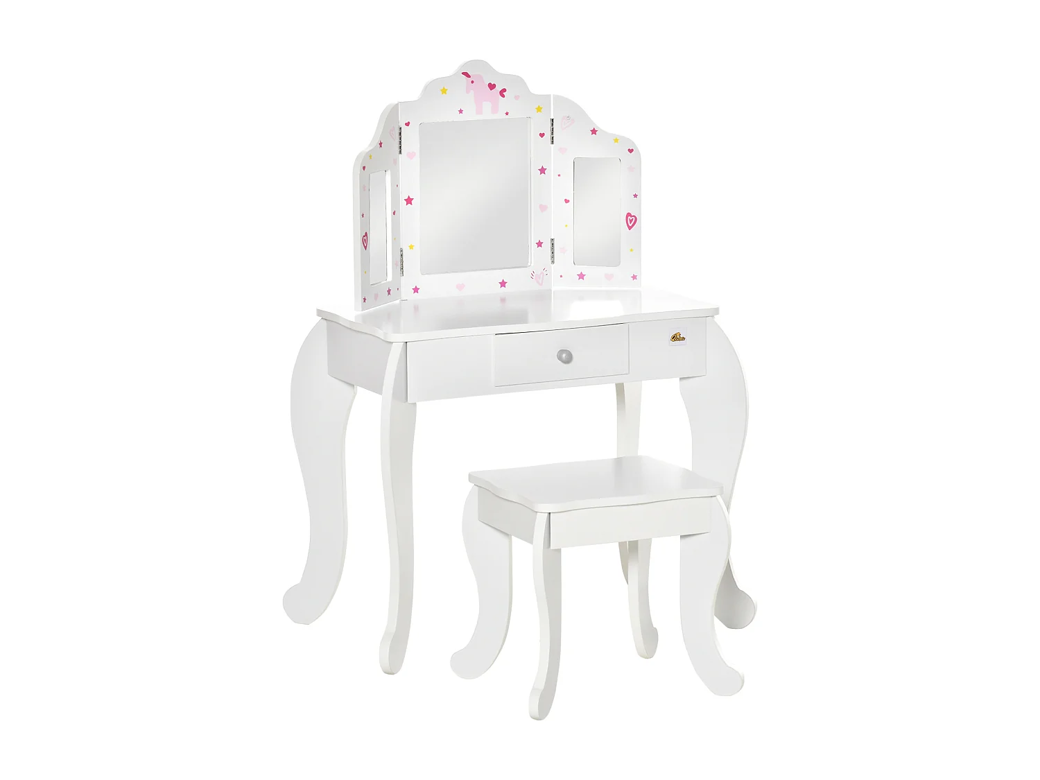 Coiffeuse enfant avec tabouret, miroir triptyque et tiroir coulissant - coiffeuse dim. 63L x 40l x 85,5H cm - MDF blanc, rose