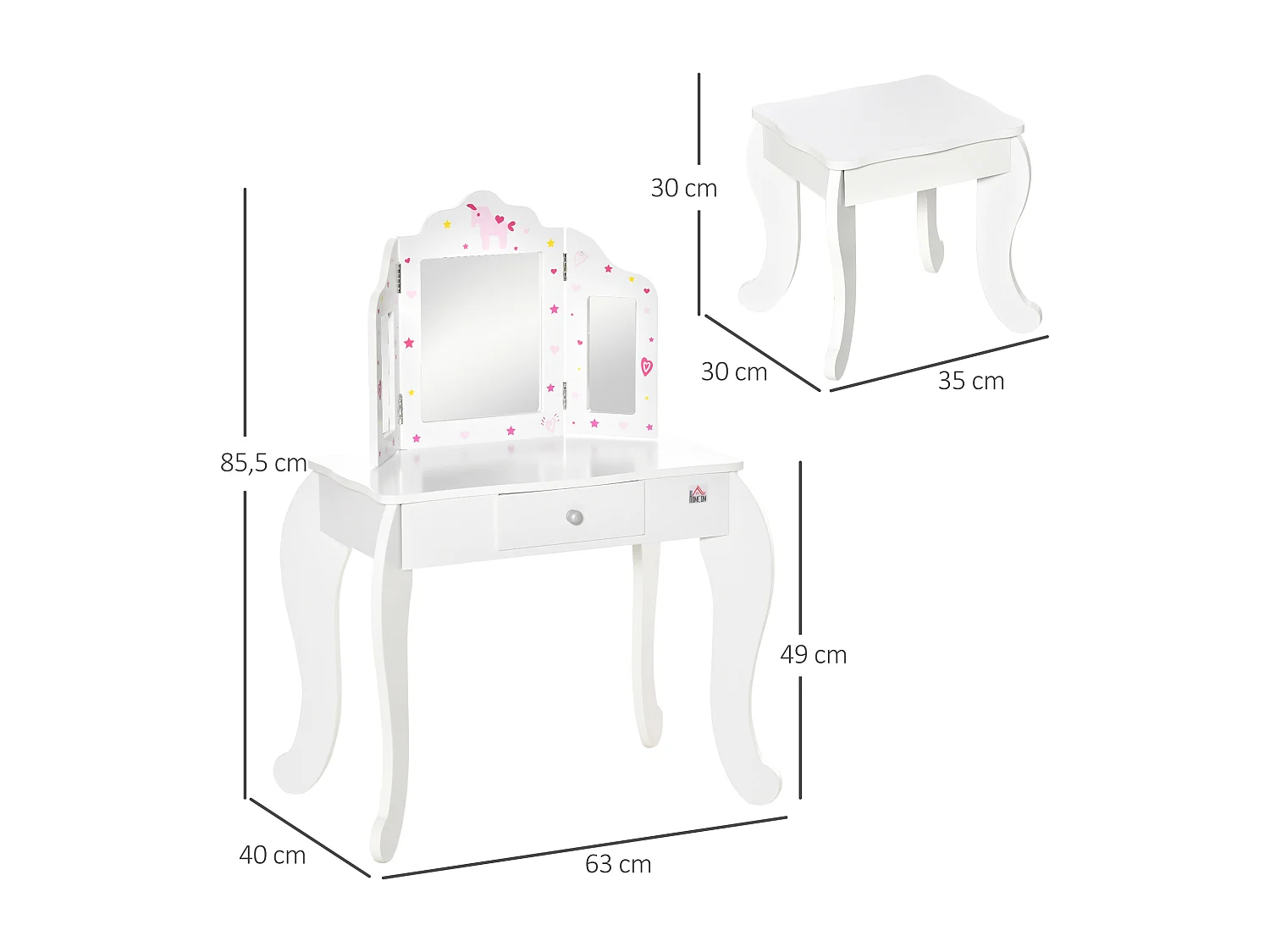 Coiffeuse enfant avec tabouret, miroir triptyque et tiroir coulissant - coiffeuse dim. 63L x 40l x 85,5H cm - MDF blanc, rose
