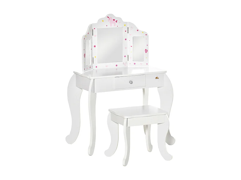 Coiffeuse enfant avec tabouret, miroir triptyque et tiroir coulissant - coiffeuse dim. 63L x 40l x 85,5H cm - MDF blanc, rose