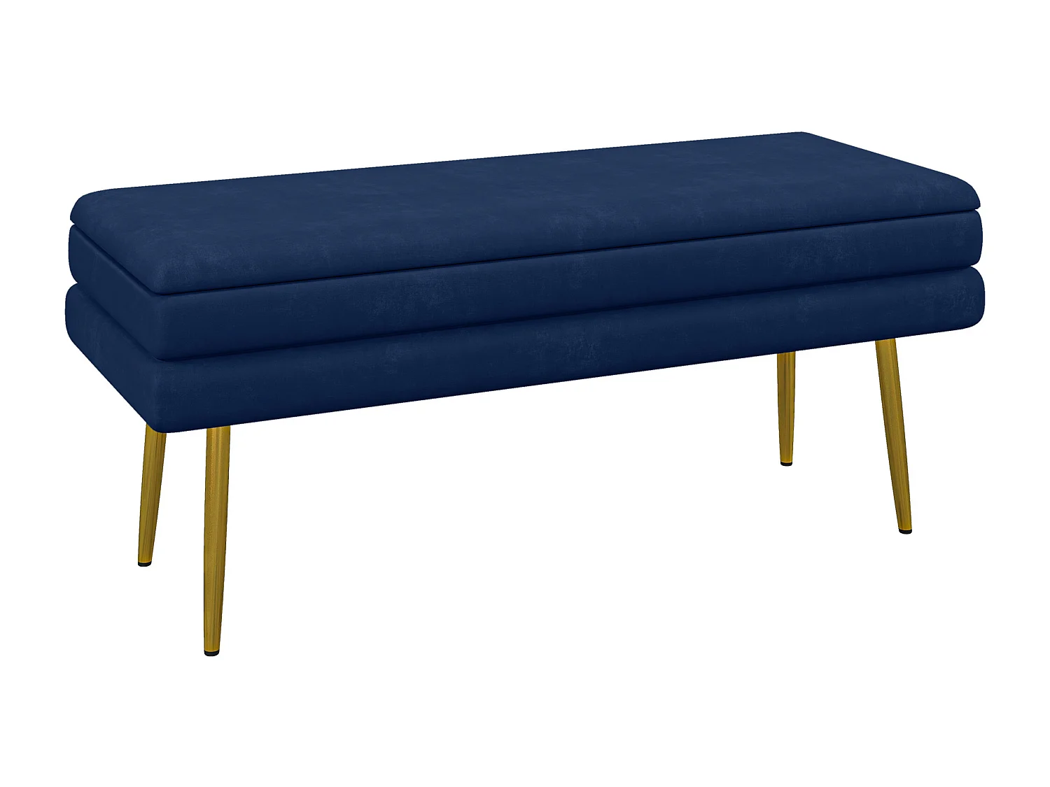 Banquette coffre de rangement 2 en 1 piètement effilé incliné acier doré velours bleu marine