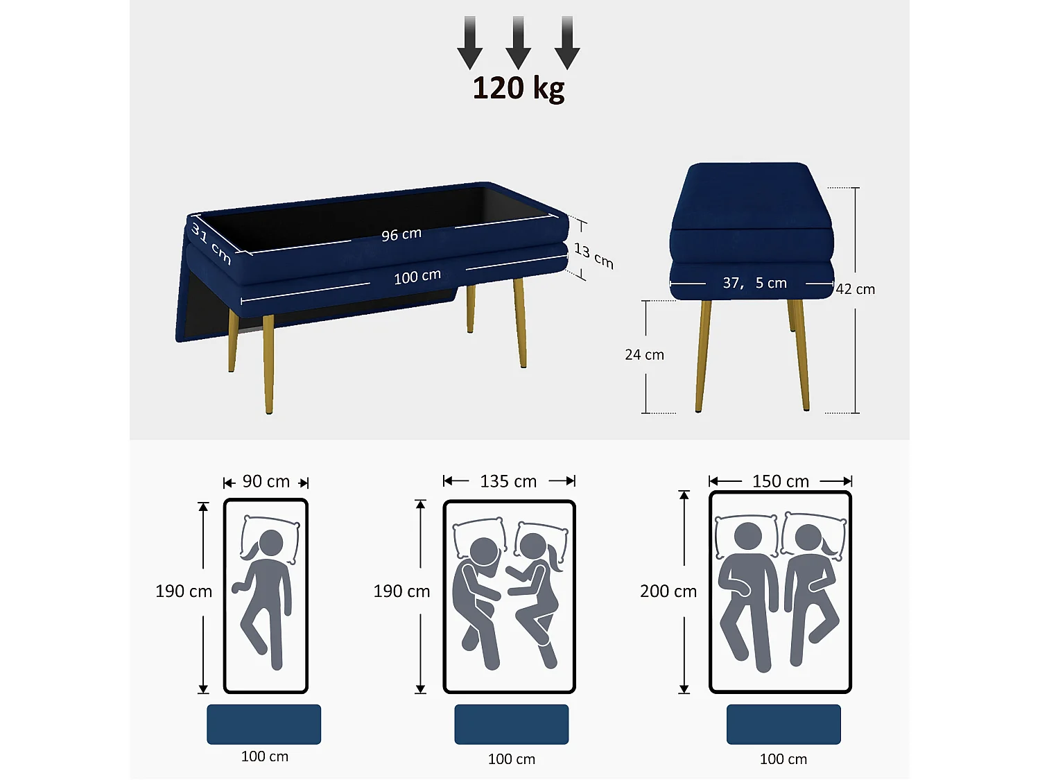 Banquette coffre de rangement 2 en 1 piètement effilé incliné acier doré velours bleu marine