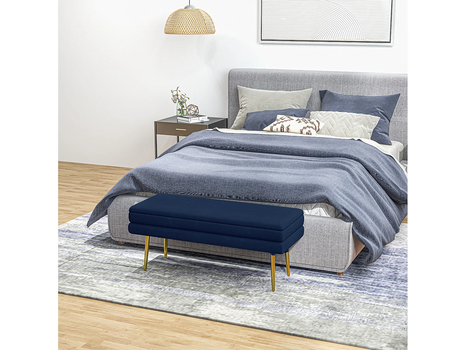 Banquette coffre de rangement 2 en 1 piètement effilé incliné acier doré velours bleu marine