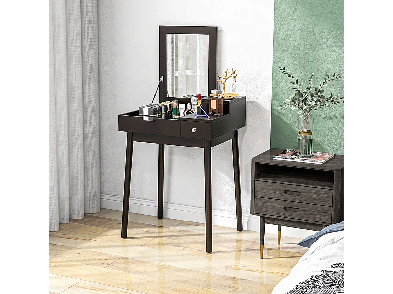 Coiffeuse design scandinave table de maquillage multi-rangements miroir pliable 60L x 50l x 86H cm pin et MDF noir