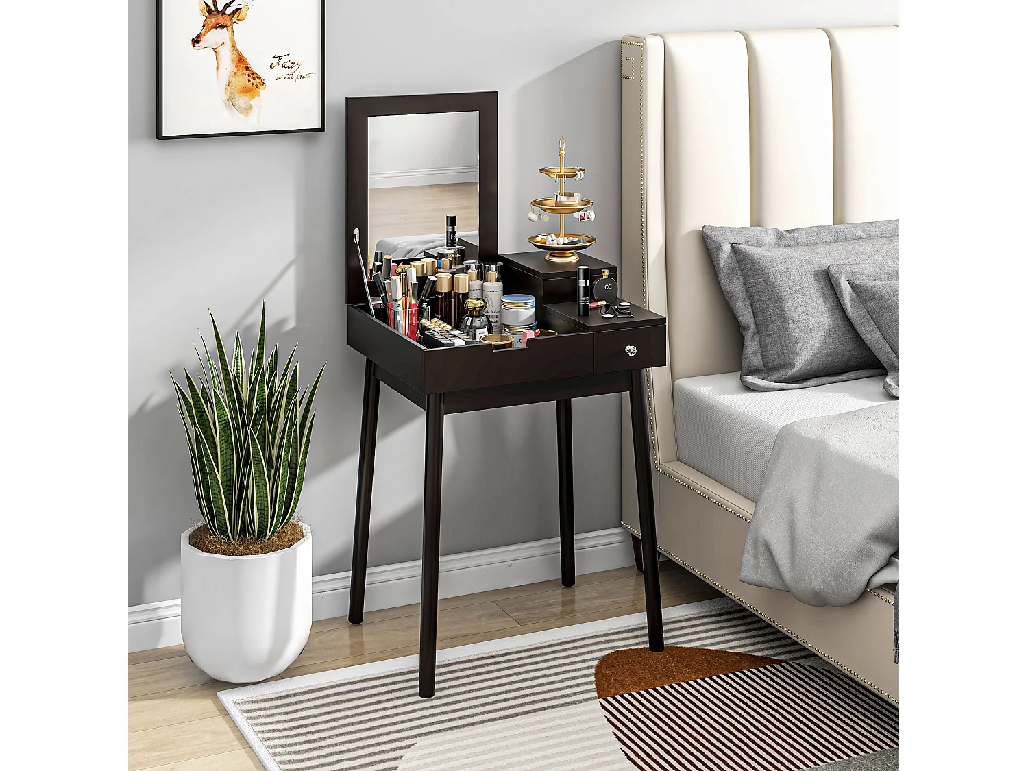 Coiffeuse design scandinave table de maquillage multi-rangements miroir pliable 60L x 50l x 86H cm pin et MDF noir