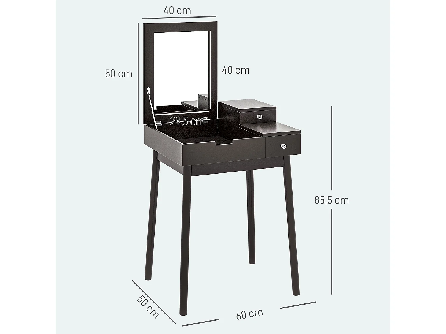 Coiffeuse design scandinave table de maquillage multi-rangements miroir pliable 60L x 50l x 86H cm pin et MDF noir