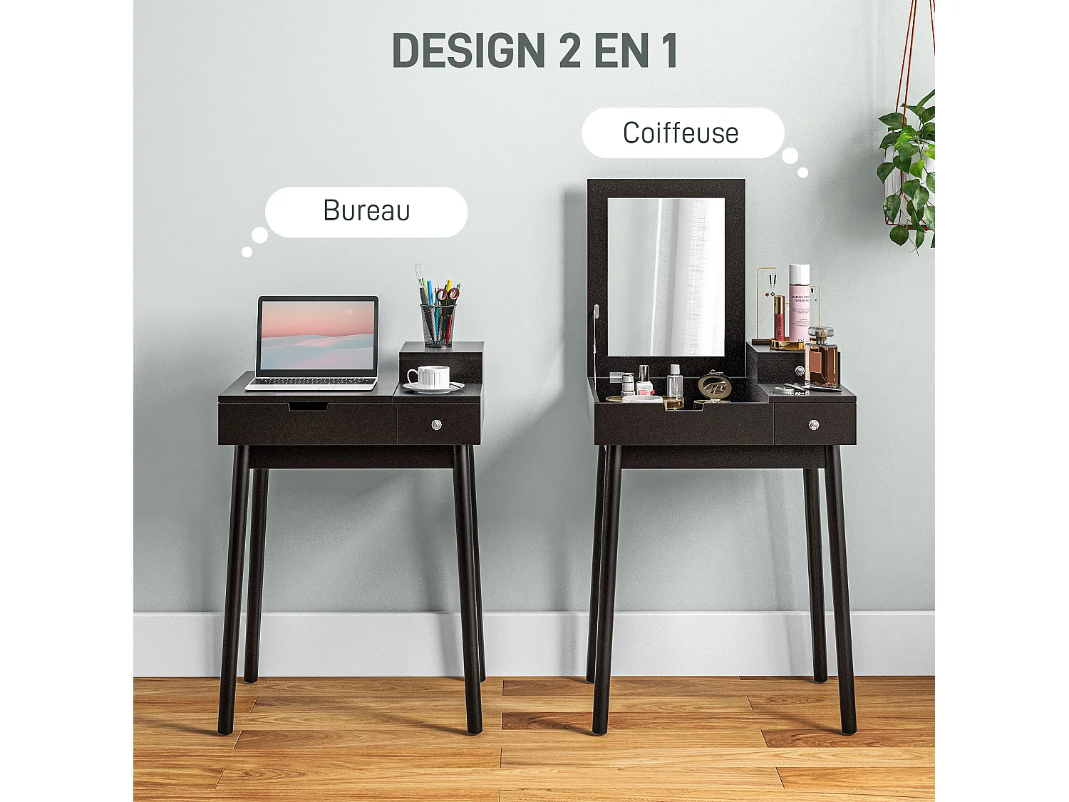 Coiffeuse design scandinave table de maquillage multi-rangements miroir pliable 60L x 50l x 86H cm pin et MDF noir