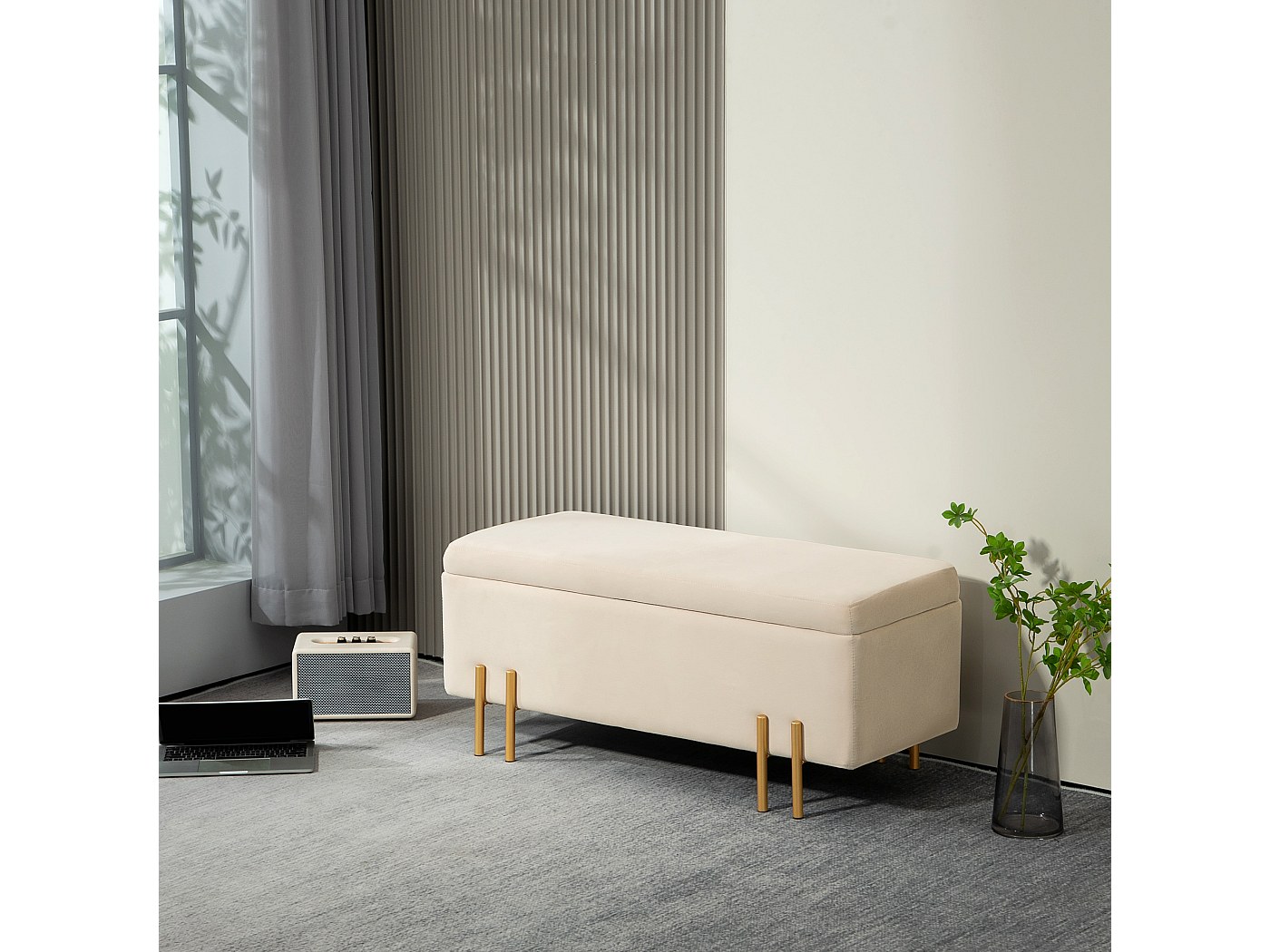 HOMCOM Grand pouf coffre de rangement design contemporain- banc avec espace de rangement - dim. 100L x 40l x 42H cm - velours gris clair piètement métal doré - Achat & prix