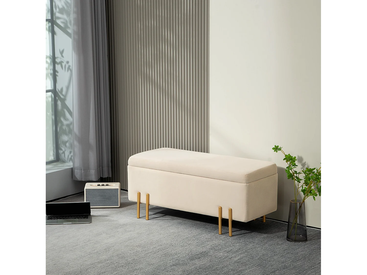 HOMCOM Grand pouf coffre de rangement design contemporain- banc avec espace de rangement - dim. 100L x 40l x 42H cm - velours beige piètement métal doré