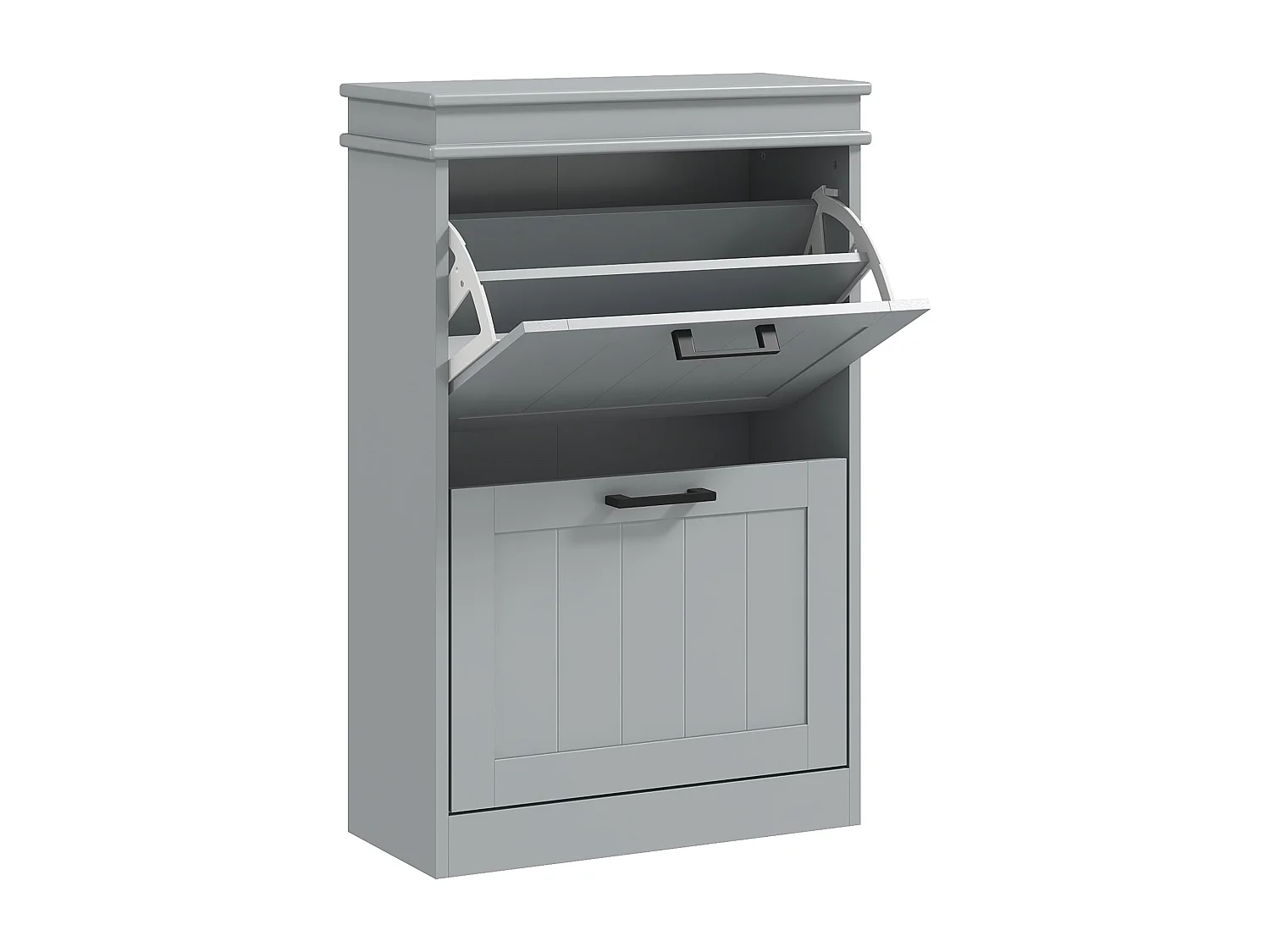 Meuble à chaussures 2 portes abattants 2 étagères poignées métal noir MDF gris