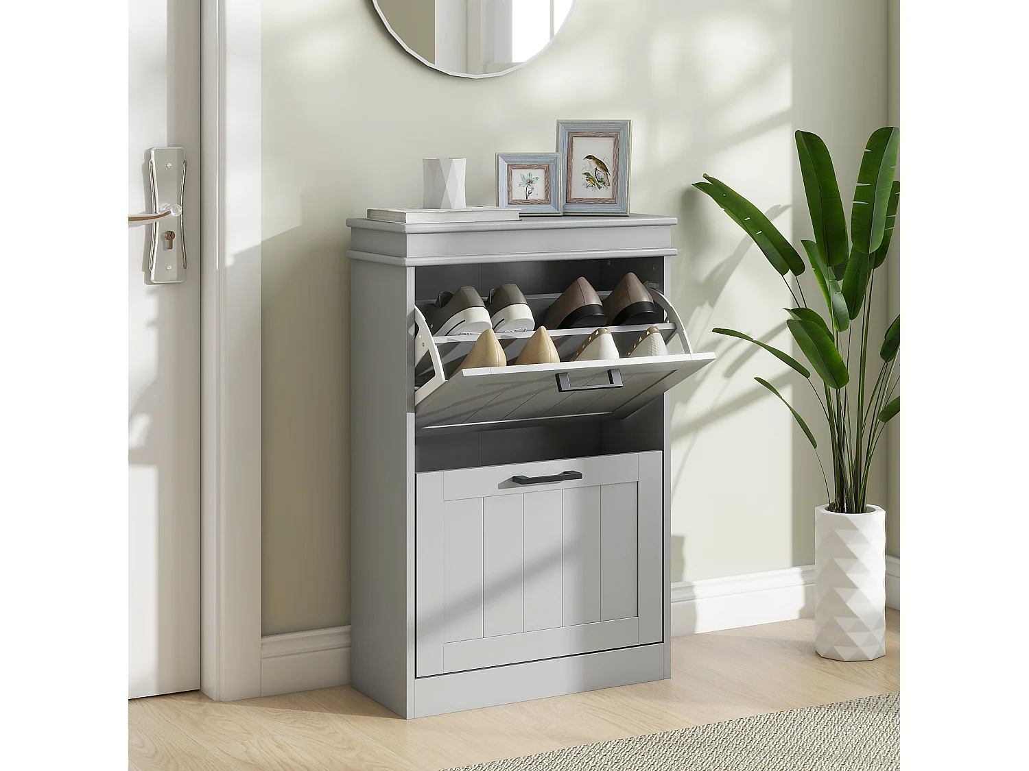 Meuble à chaussures 2 portes abattants 2 étagères poignées métal noir MDF gris