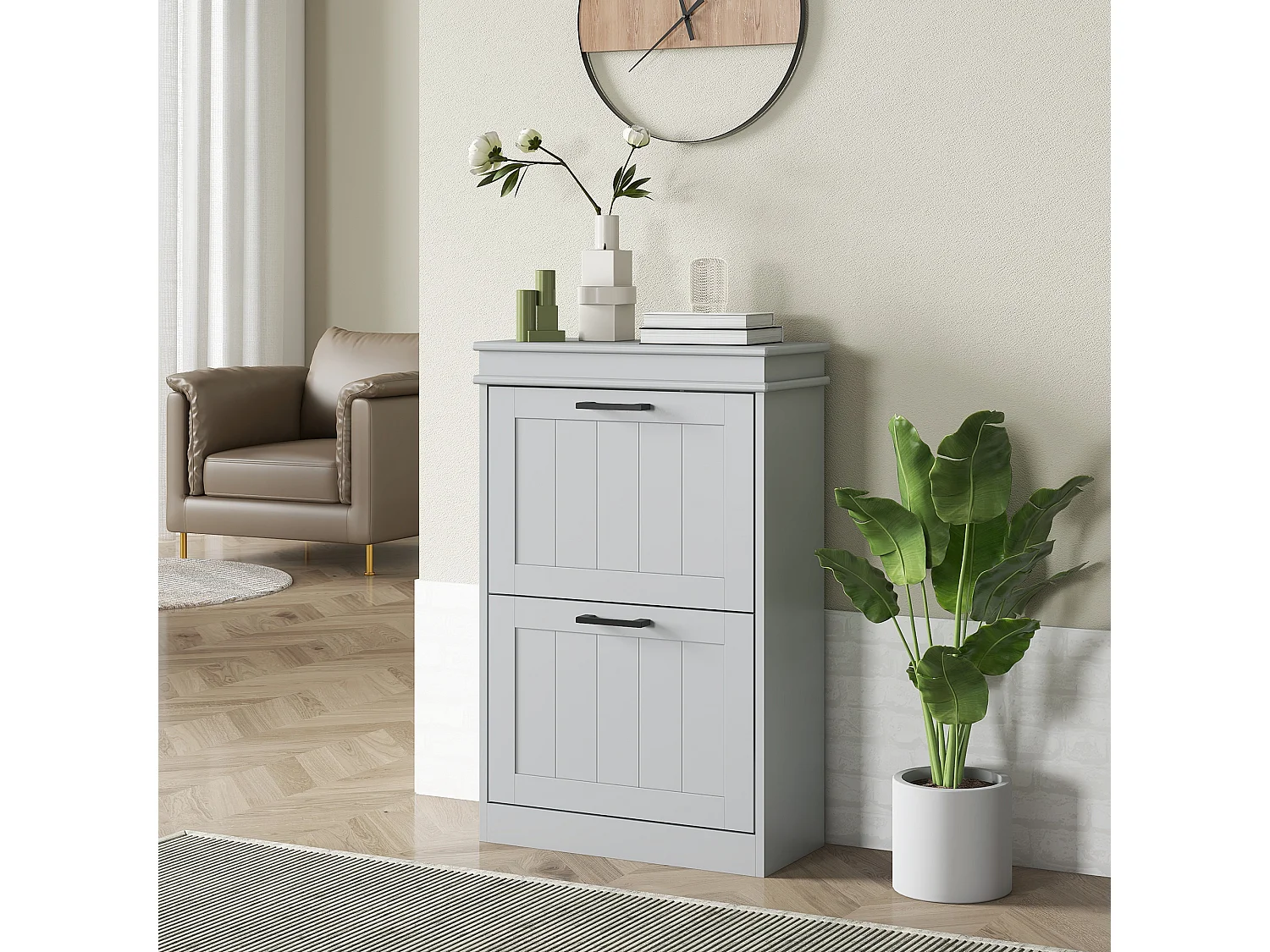 Meuble à chaussures 2 portes abattants 2 étagères poignées métal noir MDF gris