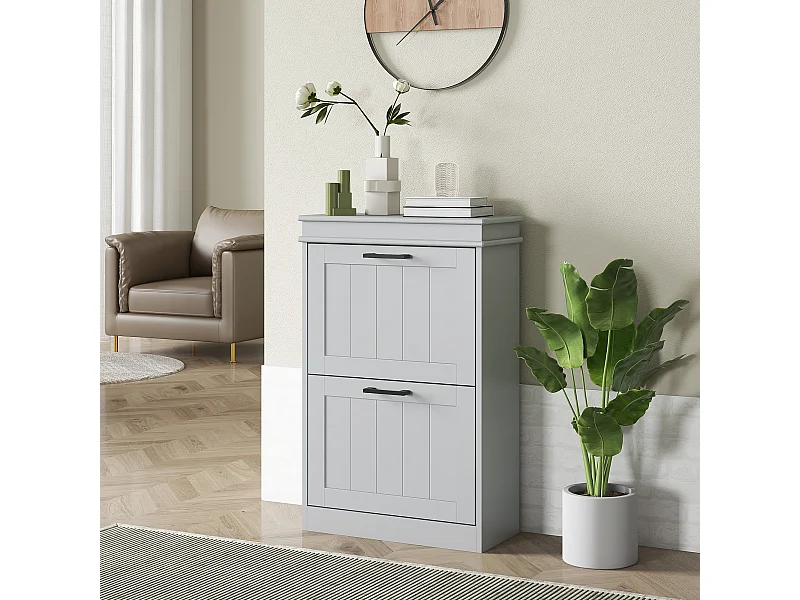 Meuble à chaussures 2 portes abattants 2 étagères poignées métal noir MDF gris