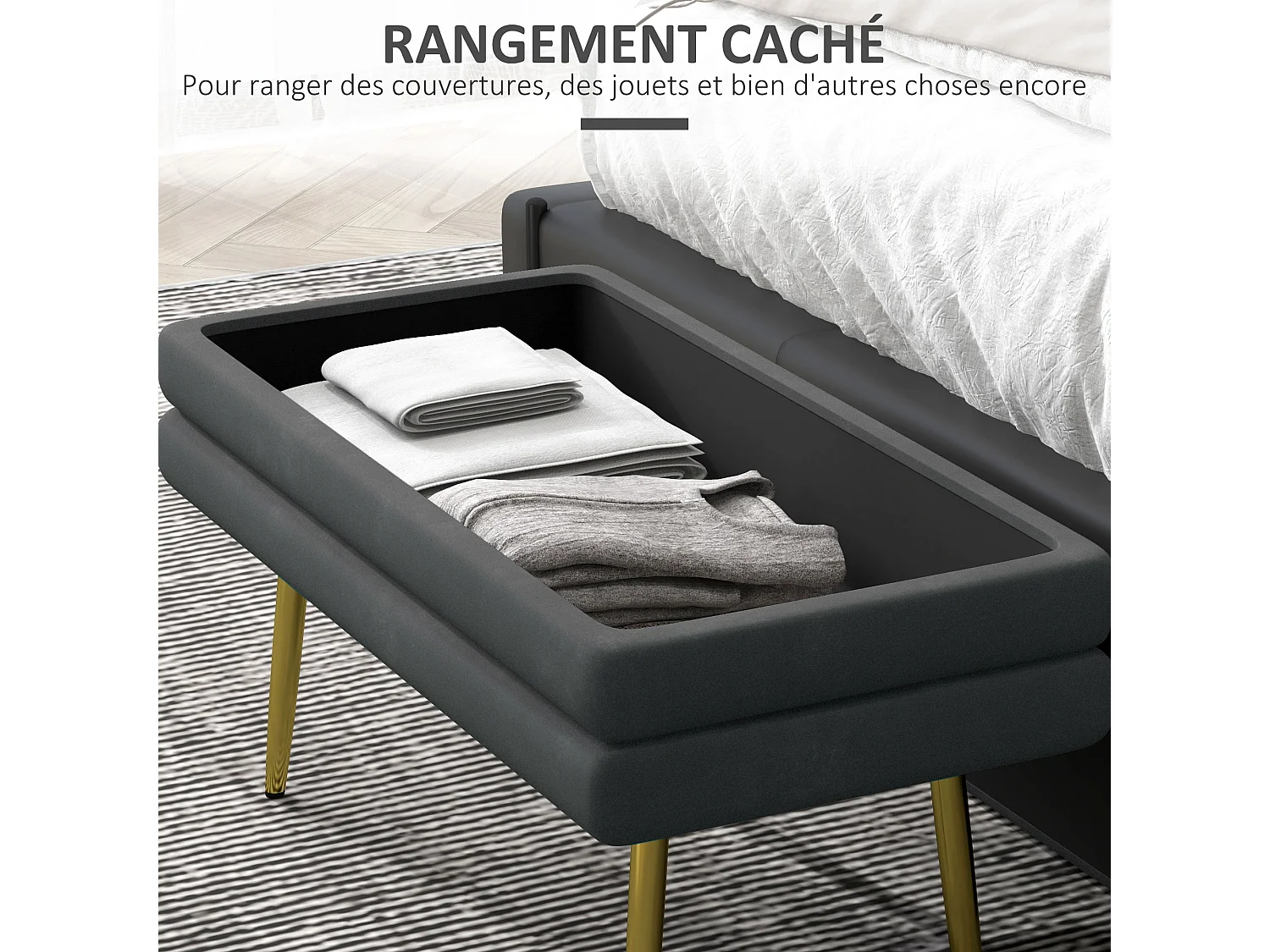 Banquette coffre de rangement 2 en 1 piètement effilé incliné acier doré velours gris
