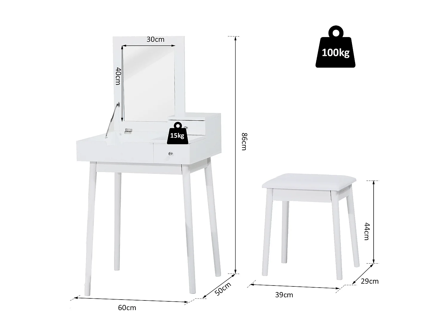 Coiffeuse table de maquillage avec tabouret miroir rabattable coffre + 2 tiroirs MDF bois massif pin blanc