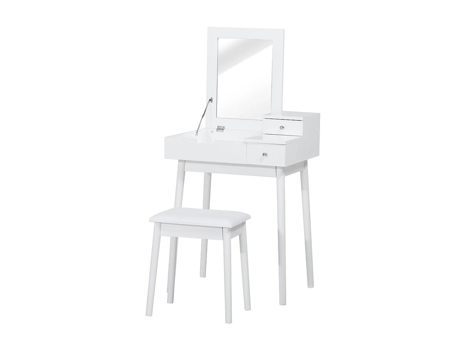 Coiffeuse table de maquillage avec tabouret miroir rabattable coffre + 2 tiroirs MDF bois massif pin blanc