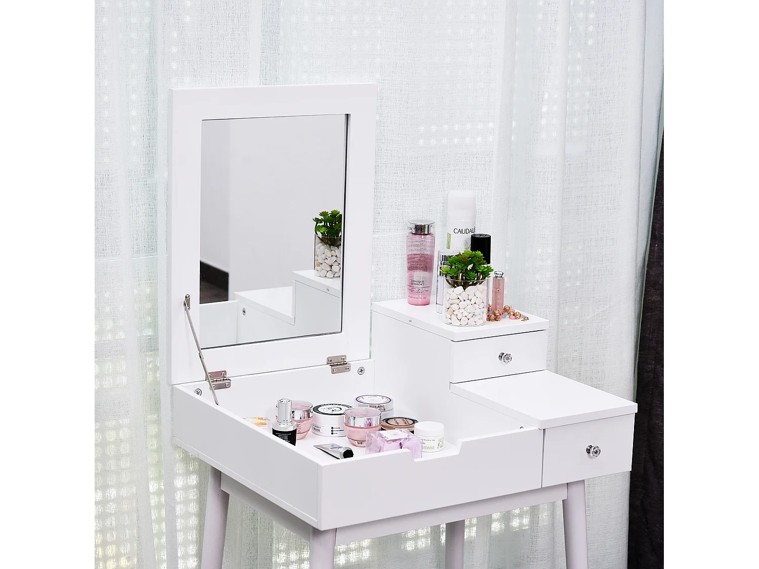 Coiffeuse table de maquillage avec tabouret miroir rabattable coffre + 2 tiroirs MDF bois massif pin blanc