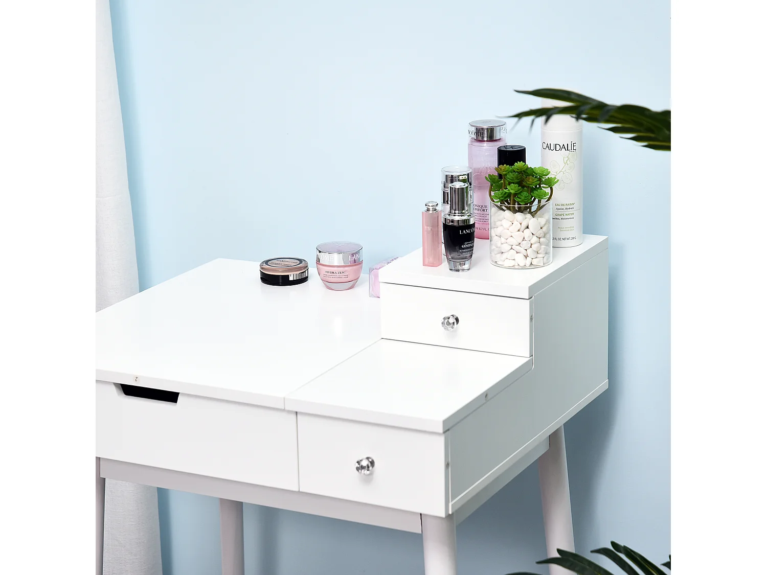 Coiffeuse table de maquillage avec tabouret miroir rabattable coffre + 2 tiroirs MDF bois massif pin blanc