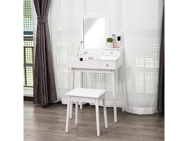 Coiffeuse table de maquillage avec tabouret miroir rabattable coffre + 2 tiroirs MDF bois massif pin blanc