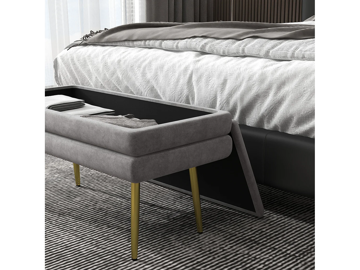 Banquette coffre de rangement 2 en 1 piètement effilé incliné acier doré velours gris clair