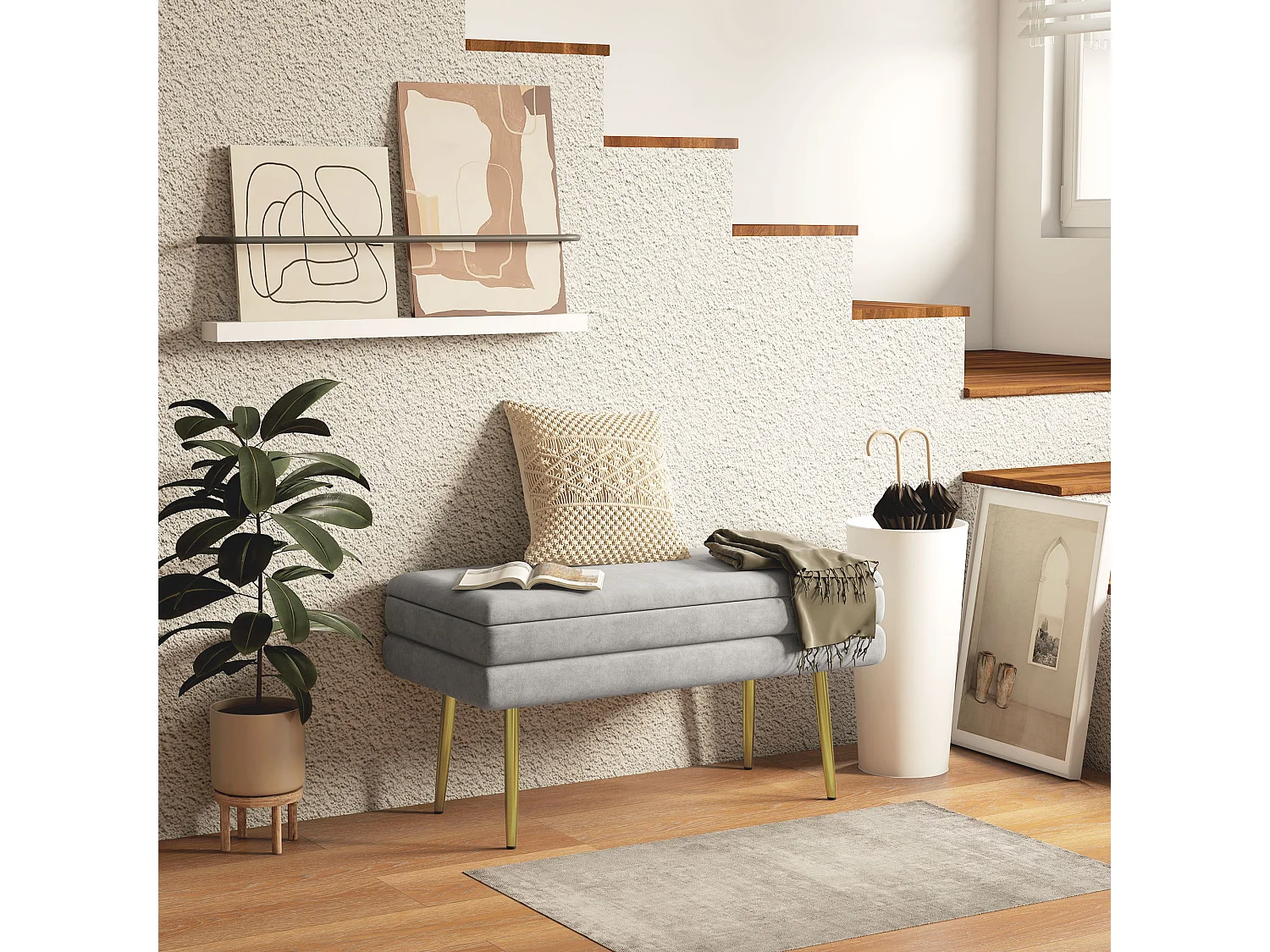 Banquette coffre de rangement 2 en 1 piètement effilé incliné acier doré velours gris clair