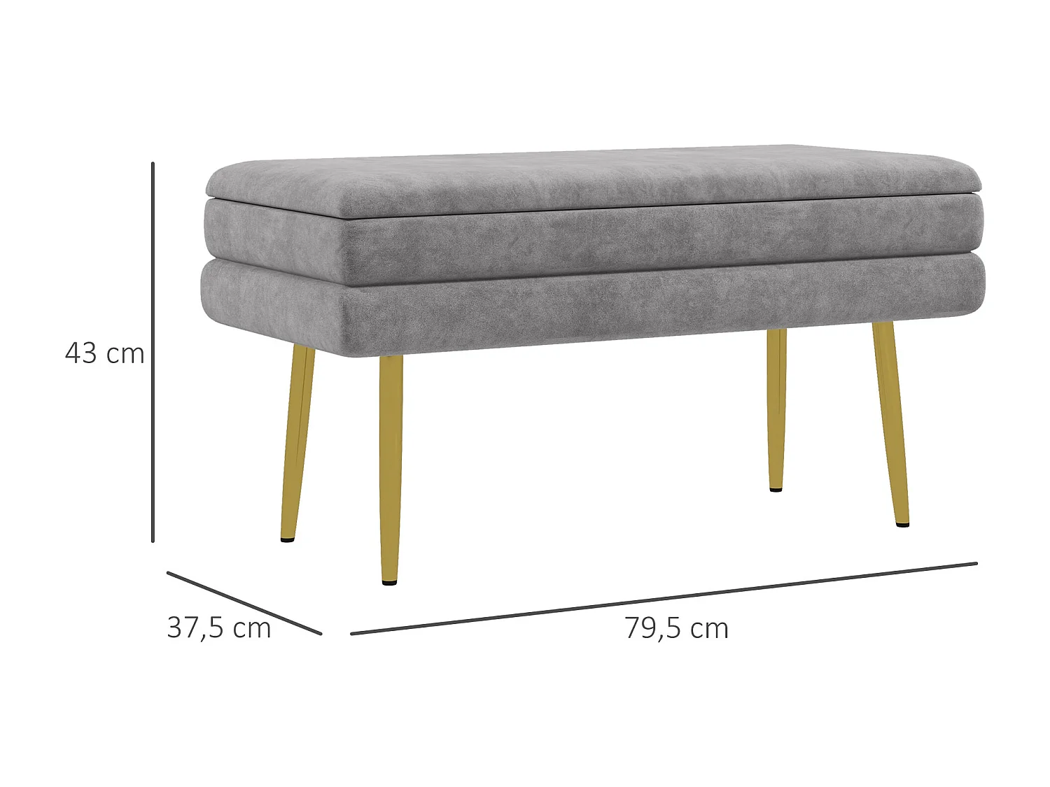 Banquette coffre de rangement 2 en 1 piètement effilé incliné acier doré velours gris clair