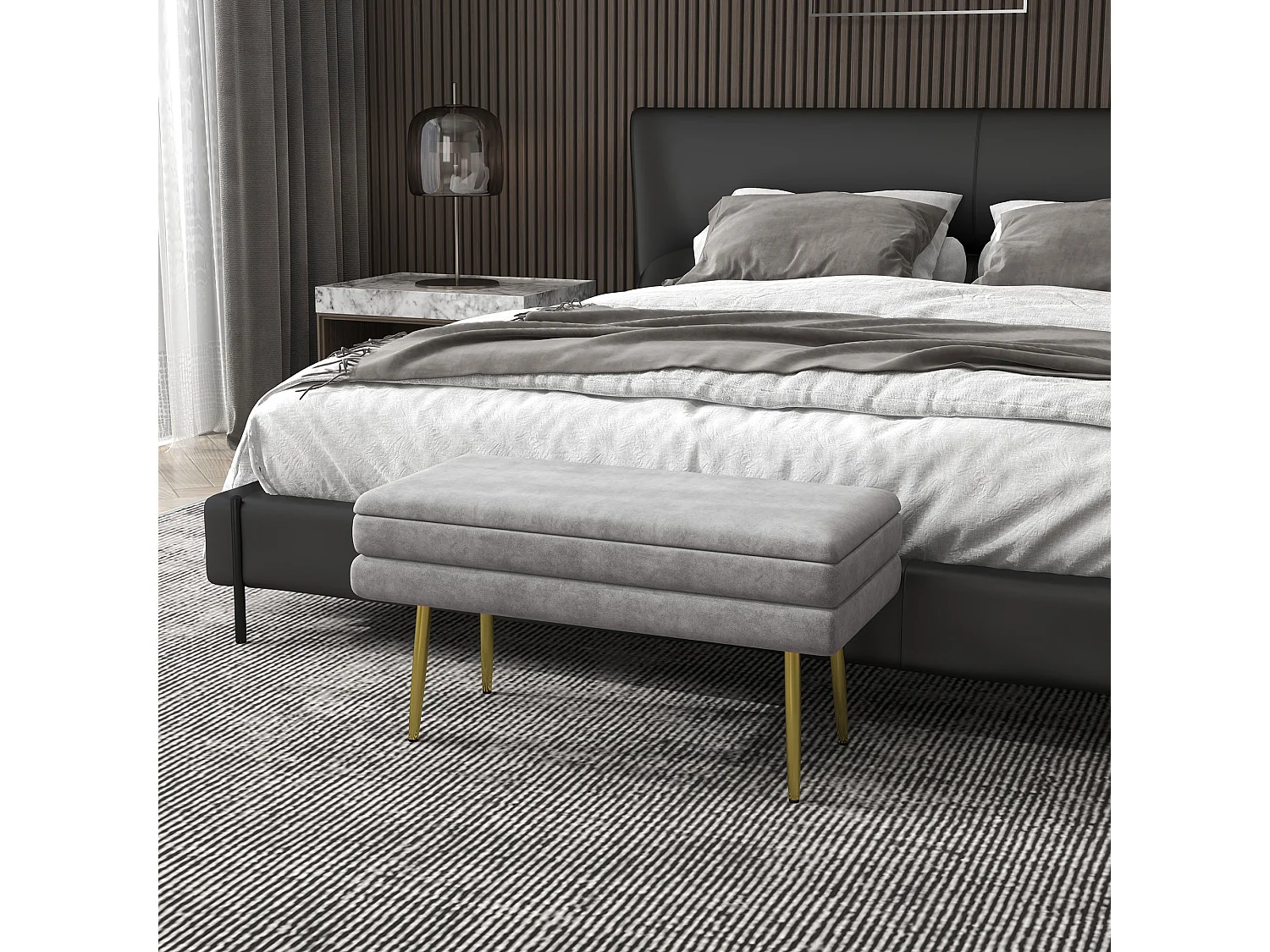 Banquette coffre de rangement 2 en 1 piètement effilé incliné acier doré velours gris clair