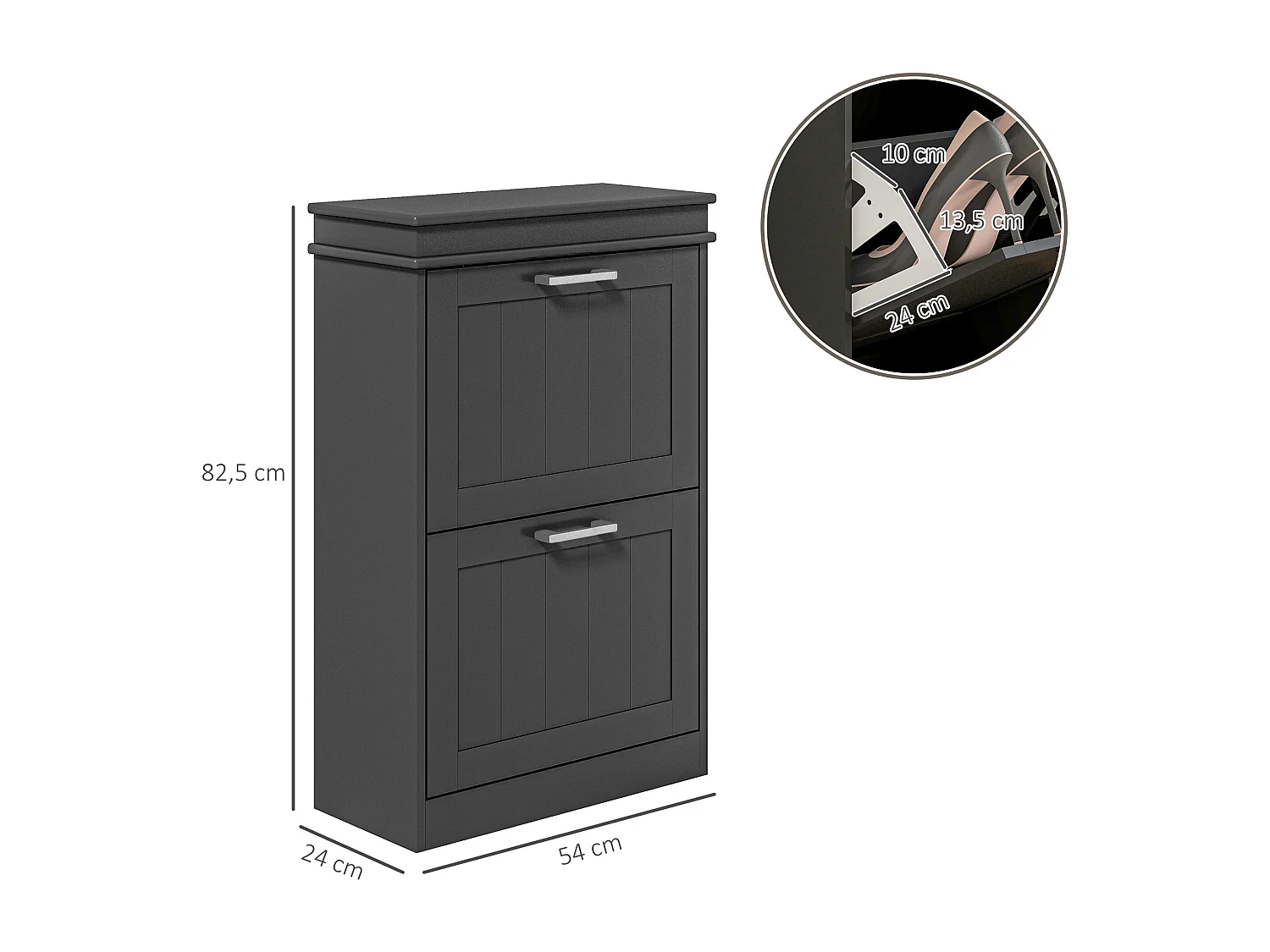 Meuble à chaussures 2 portes abattants 2 étagères poignées métal noir MDF noir