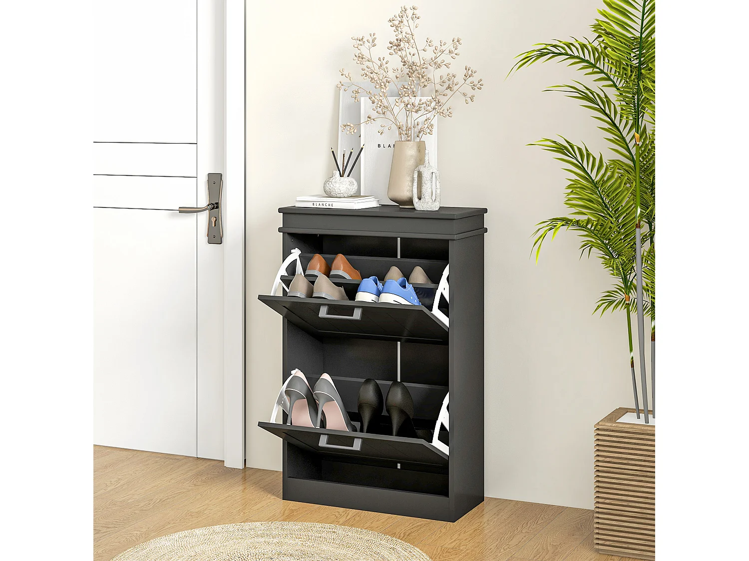 Meuble à chaussures 2 portes abattants 2 étagères poignées métal noir MDF noir