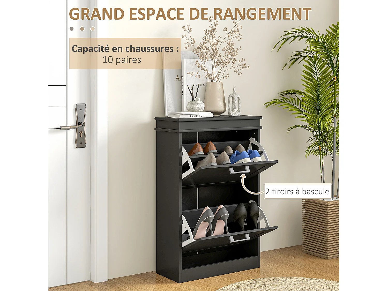Meuble à chaussures 2 portes abattants 2 étagères poignées métal noir MDF noir