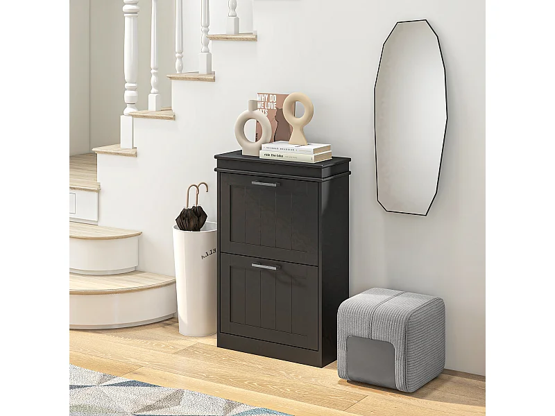 Meuble à chaussures 2 portes abattants 2 étagères poignées métal noir MDF noir