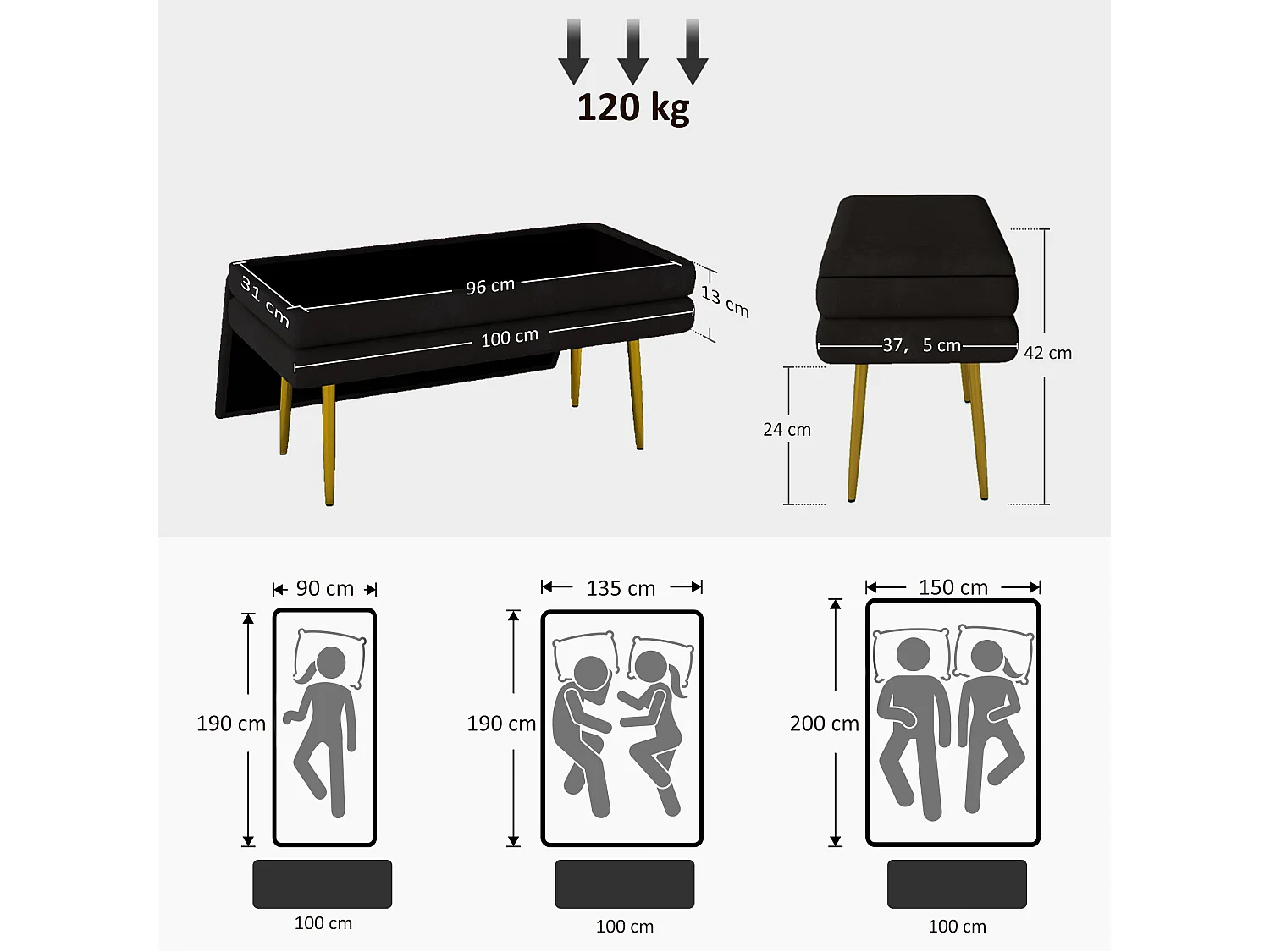 Banquette coffre de rangement 2 en 1 piètement effilé incliné acier doré velours noir