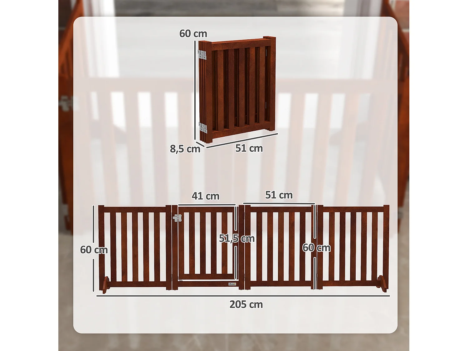 Barrière de sécurité chien pliable modulable autoportante avec porte max. 205 x 60 cm MDF effet acajou