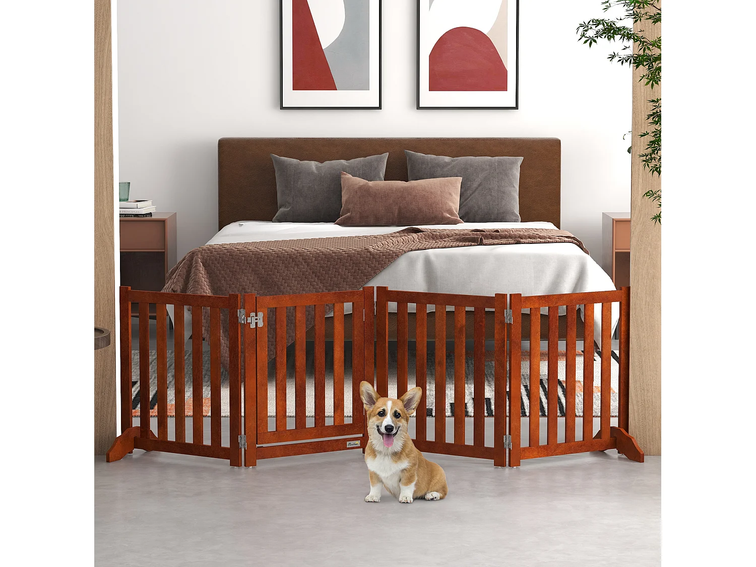 Barrière de sécurité chien pliable modulable autoportante avec porte max. 205 x 60 cm MDF effet acajou